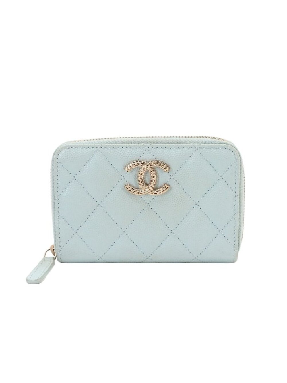 Chanel Quilted Coin Purse Caviar Leather Light Blue Gold